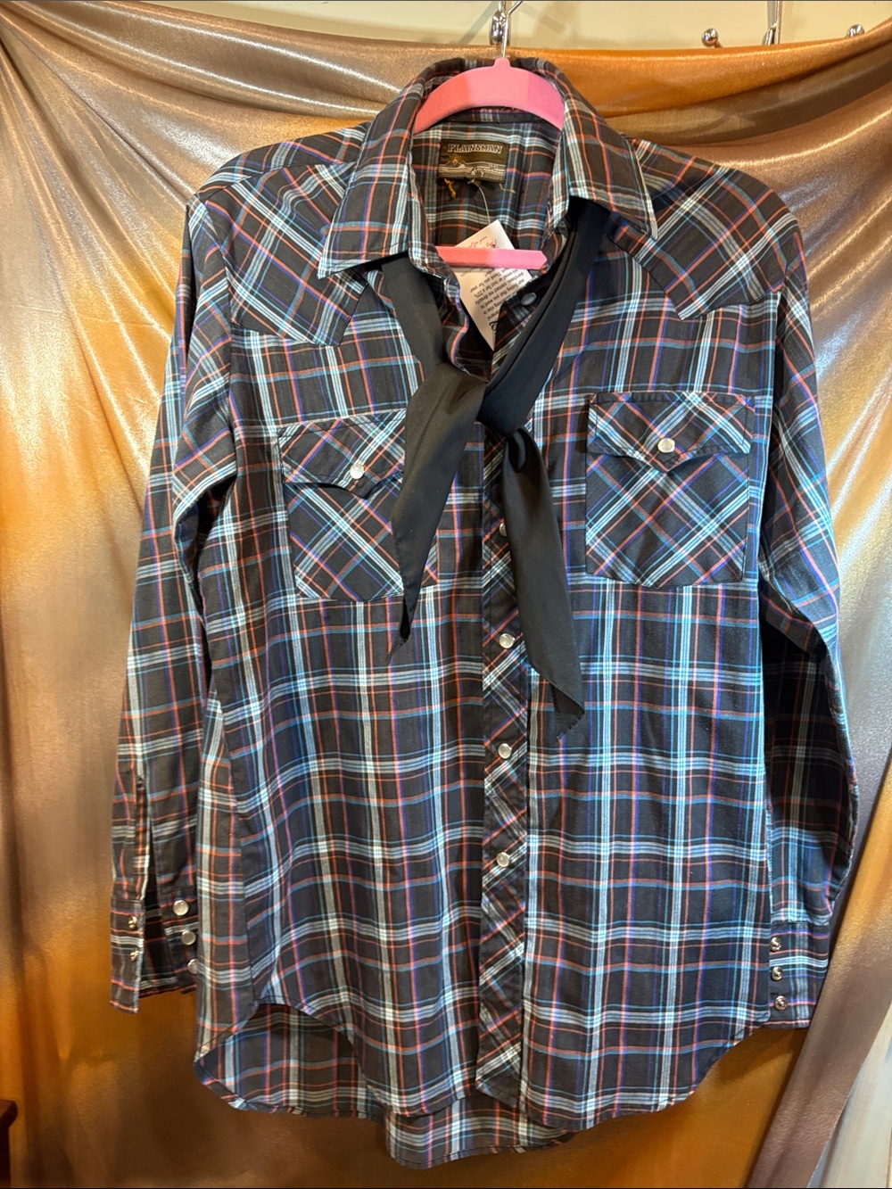Men's Plaid Button-Down Shirt with Neck Tie - Black/Turquoise pearl snaps box PP